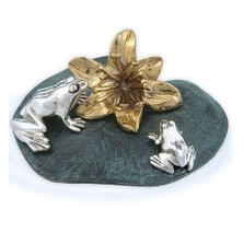 Silver and Gold Frogs on Lily Pad Sculpture | A20 | D'Argenta