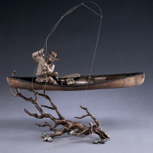 Fisherman in Canoe Bronze Sculpture "Upstream" | Mark Hopkins | mhs21047