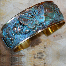 Butterfly on Roses Verdigris Brass Cuff Bracelet | Elaine Coyne Jewelry | ZGP201BC
