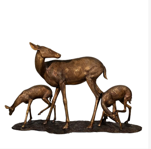 Art Deco Bronze Animals Deer Fawn Statuette Figure Figurine W/ Obsidian Stand 