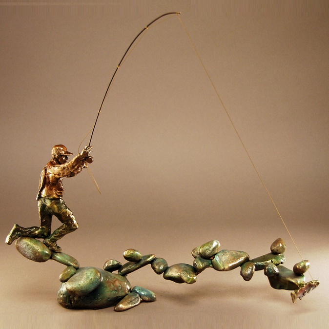 Bronze Sculpture Fisherman Fishing Rod Koi Pond Boat will