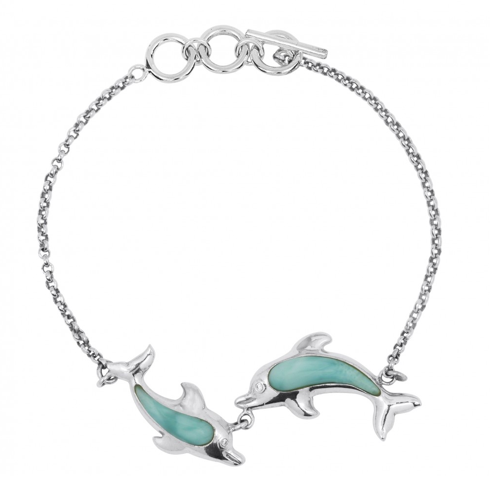 Dolphin Pair Sterling Silver Larimar Bracelet | Larimar Dolphin