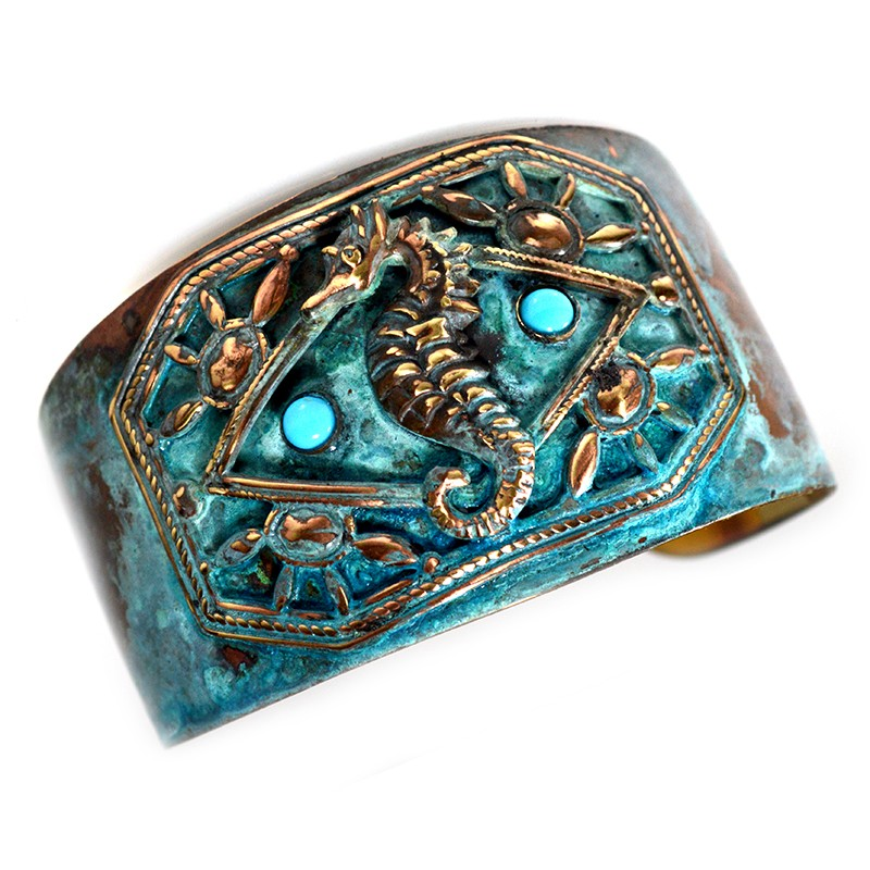 Seahorse Verdigris Patina Brass Cuff Bracelet | Nature Jewelry