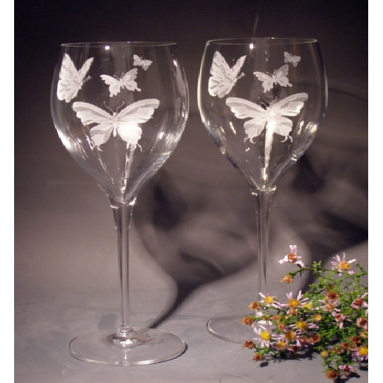 Set of 2 / Pair of Hand Painted Crackle Glass Wine Glasses Butterfly Floral  B55