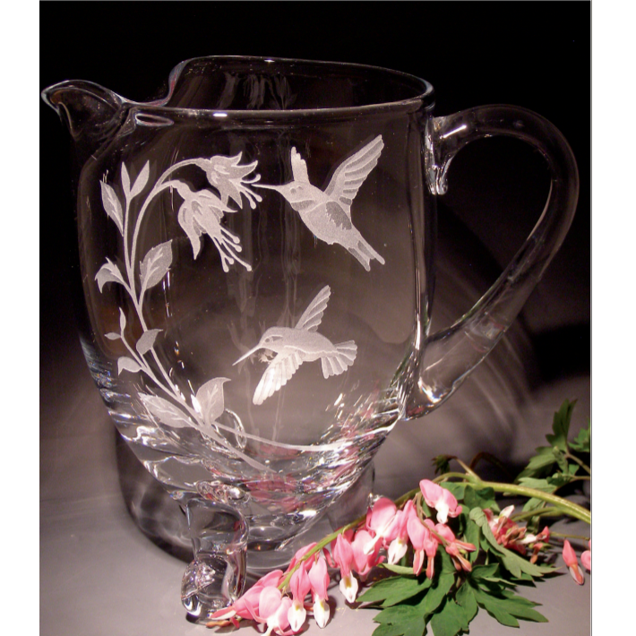 Hummingbird Pitcher | Etched Crystal | Evergreen Crystal