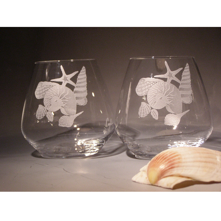 Etched Fish Sea Themed White Wine Stemless Wine Glasses, 10 oz, Set of 4