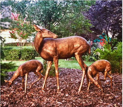 Doe and Two Fawns Life Size Bronze Outdoor Statue | Life Size