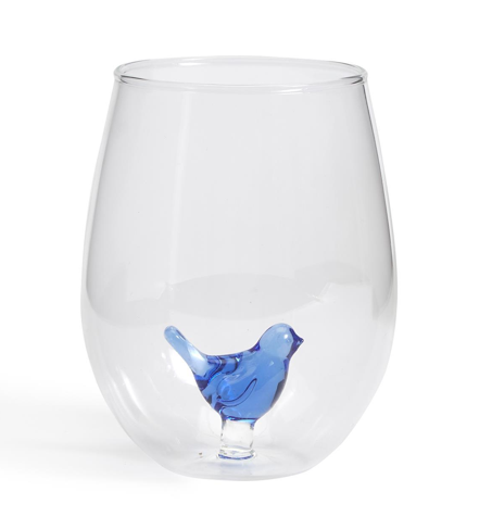 Set of 2 Blue Bird Handblown Jumbo Stemless Wine Glasses