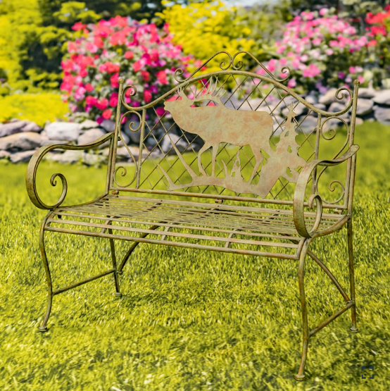 Moose and Evergreen Iron Bench 