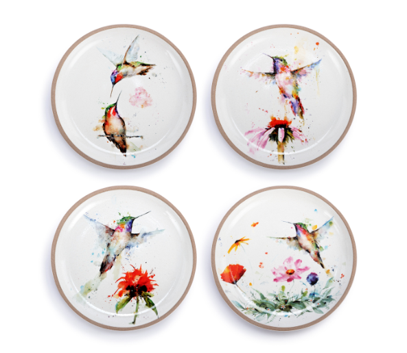 Set of 4 Hummingbird Stoneware Appetizer Plates | Hummingbird