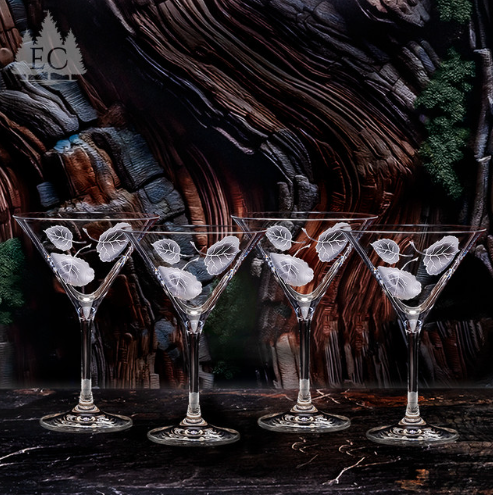 Set of 4 Crystal Martini Glasses | Etched Crystal | Evergreen Crystal