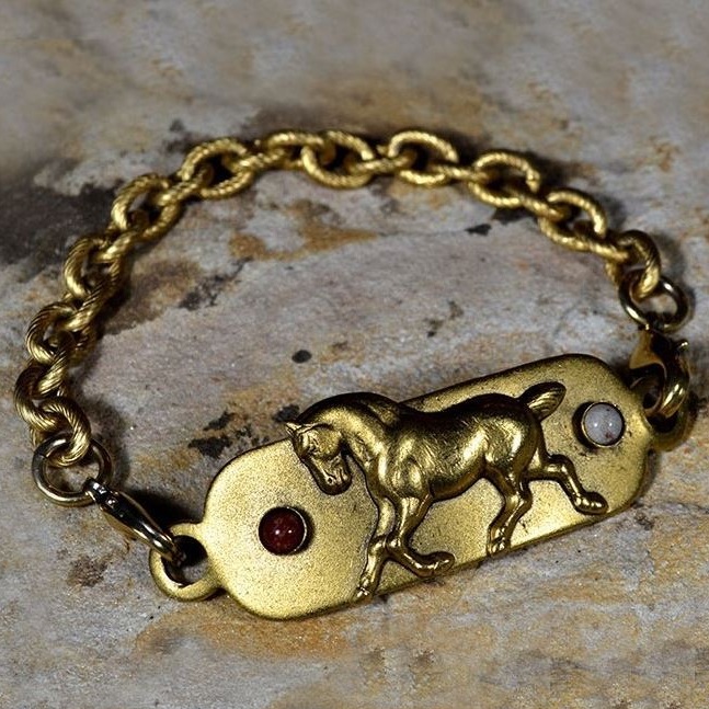 Horse Antique Gold Brass Bracelet with Jasper | Bracelets | Elaine