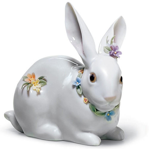 Bunny With Flowers Porcelain Sculpture Attentive Bunny Figurine Lladro