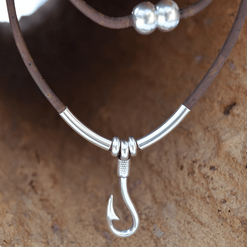 Sterling Silver Fishhook and Cork Necklace