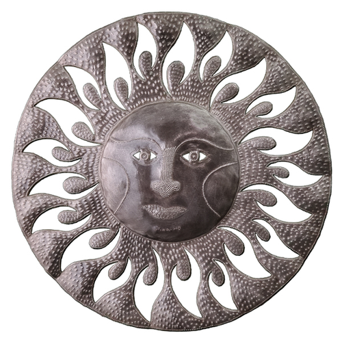 Plaque Murale Vintage D'Haïti - Soleil Souriant En Métal Martelé 11 Pouces - Style Rustique