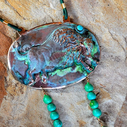 Elaine Coyne Artwear Buffalo Cuff Bracelet – Verdigris Patina & Copper With Genuine Turquoise, Handmade In USA