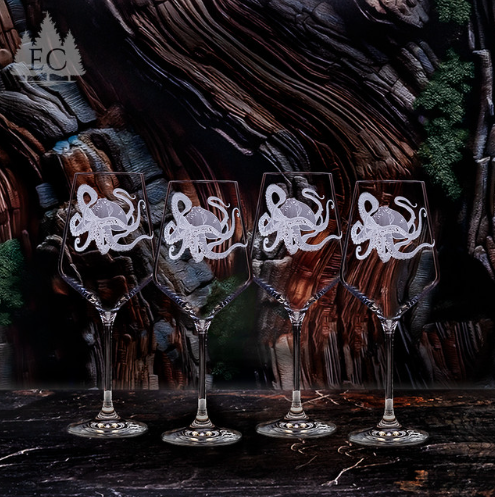 Octopus Crystal 15 oz Wine Glass Set of 4 | Etched Crystal