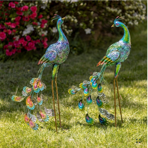 Colorful Painted Peacock Iron Garden Statue Set of 2 | Zaer