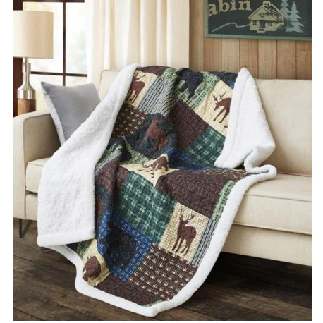 Wilderness Patch Primitive Quilted Sherpa Throw Blanket | Bear