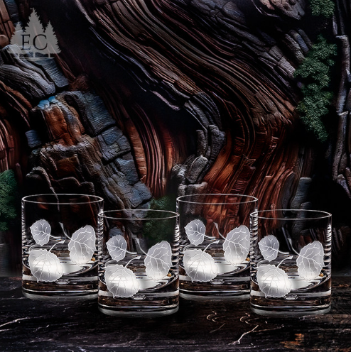 Set of 4 Aspen Crystal Rocks Glasses | Etched Crystal | Evergreen