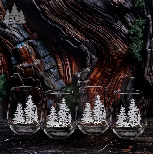 Set of 4 Pine Tree Crystal Stemless Wine Glasses | Etched Crystal |  Evergreen Crystal