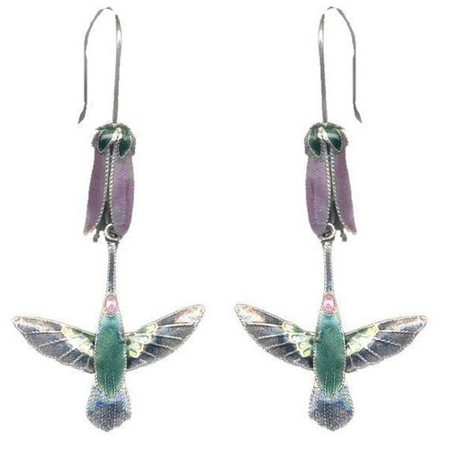 Hummingbird Earrings | Cloisonne Jewelry | Wire | Pink Flower