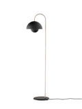 A black Flowerpot floor lamp with a rounded shade in black with a black base, and a slender curved stem in chrome, designed by Verner Panton
