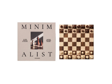 Checkered wooden chessboard with 'Minimalist' packaging on a white background