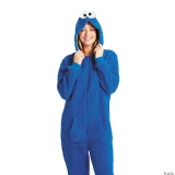 Opposuits Sesame Street® Cookie Monster Hooded Onesie Costume -Adult, a person wearing a blue, plush Cookie Monster onesie with a hood featuring Cookie Monster's eyes and face.