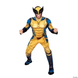 JazWares Marvel Deadpool & Wolverine™ Wolverine Costume-Adult, man in detailed yellow and blue superhero costume with mask and claws, in an action pose.