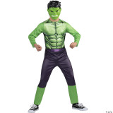 JazWares Hulk Marvel Costume- Child, inflatable superhero costume featuring Hulk's green face, muscular torso design, black pants, and green accents, perfect for kids' dress-up and costume events.