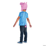 Disguise Peppa Pig George Costume - Child, child wearing a pink Peppa Pig-themed costume hat with ears and a tail, paired with a blue shirt and jeans, on white background.