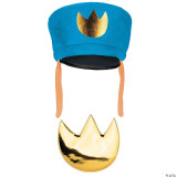 Disguise Dog Man™ Dog Man Costume Kit - Child, a child's costume kit including a blue cap with a gold crown emblem, orange ear flaps, and a golden crescent moon accessory.