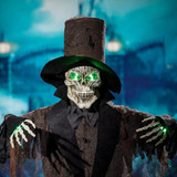 Fantasy Costumes Skeleton 66" Light-Up Standing Halloween Decoration, spooky skeleton with glowing green eyes, wearing a tattered black hat and cloak, illuminated skeleton hands, perfect for Halloween decor.