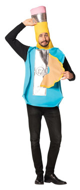 Rasta Imposta Pencil Sharpener Costume - Adult, man wearing a colorful novelty costume shaped like a large pencil sharpener with a broken pencil inside, playful and humorous Halloween or costume party outfit.