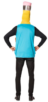 Rasta Imposta Pencil Sharpener Costume - Adult, person wearing a costume with an oversized pencil sharpener head and a blue shirt, black pants, and black shoes.