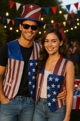 Fantasy Costumes Patriotic Sam 3 pc Set, matching American flag themed vest and hat worn by a man and woman at an outdoor celebration with bunting and string lights.