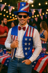 Fantasy Costumes Patriotic Sam 3 pc Set, man wearing a red, white, and blue star-spangled top hat, vest with stars and stripes, and red bow tie at patriotic party.
