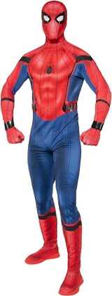 JazWares Spider-Man Primalux Costume for Men - Premium Stretch Suit, a full-body superhero costume featuring a red and blue design with black web patterns and a Spider-Man emblem on the chest.