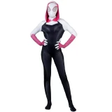 JazWares Spider-Gwen Zentai Suit Costume, a full-body black and white Spider-Gwen themed superhero costume with pink accents, including a hood with spider-eye mask design, worn by a model.