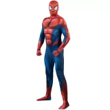 JazWares Spider-Man Classic Zentai Costume, adult superhero costume modeled by a person standing in a Spider-Man suit with red and blue design, web pattern, and mask.