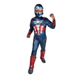 JazWares Captain America Marvel Costume - Child, a full-body superhero costume for children featuring a detailed design of Captain America's suit with helmet and armor elements.