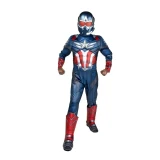 JazWares Captain America Marvel Costume - Child, a children's superhero costume featuring a detailed suit with patriotic red, white, and blue design and a matching mask and helmet.