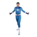 JazWares Fantastic Four Full Body Costume Jumpsuit-Adult, a man dressed in a blue superhero costume inspired by Mr. Fantastic from the Fantastic Four, featuring a detailed jumpsuit with a '4' emblem, gloves, and boots.
