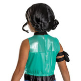 Disguise KPop Demon Hunters™ Zoey Wig-Child, front view of a child wearing a black wig styled with twin buns and loose curls, dressed in a shiny turquoise costume.