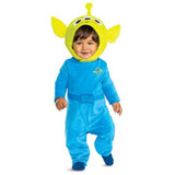 Disguise Alien Jumpsuit Toy Story Disney Pixar™ Costume for Infant, child in blue alien costume with large headpiece featuring ears and antenna, smiling.