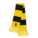 Disguise Hufflepuff House Crested Scarf - Harry Potter™, yellow and black striped scarf with Hufflepuff crest and fringed ends.