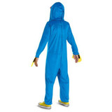 Disguise Poppy Playtime™ Huggy Wuggy Hooded Jumpsuit Costume - Child, back view of a child wearing a blue plush hooded jumpsuit with yellow and black shoes, designed to resemble Huggy Wuggy from Poppy Playtime.