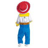 Disguise Disney Pixar Toy Story™ Jessie Deluxe Jumpsuit - Infant, front view of a child in a colorful cowboy costume with a large red hat and princess boots