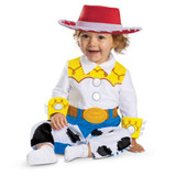 Disguise Disney Pixar Toy Story™ Jessie Deluxe Jumpsuit - Infant, toddler girl dressed as Jessie from Toy Story with a red hat, cowboy outfit, and cow-print pants